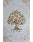 Obra original Tathyana Brazil com Árvore da Vida e Flor da Vida em relevo, tons brancos e detalhes em folha de ouro.