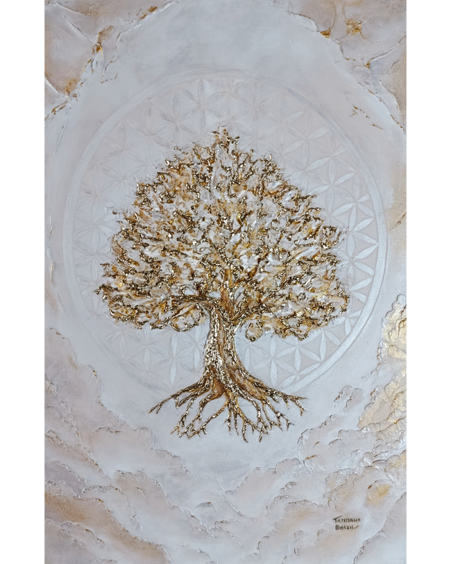 Obra original Tathyana Brazil com Árvore da Vida e Flor da Vida em relevo, tons brancos e detalhes em folha de ouro.