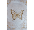 Obra de arte Tathyana Brazil com borboleta em relevo e detalhes em folha de ouro sobre fundo geométrico Flor da Vida.
